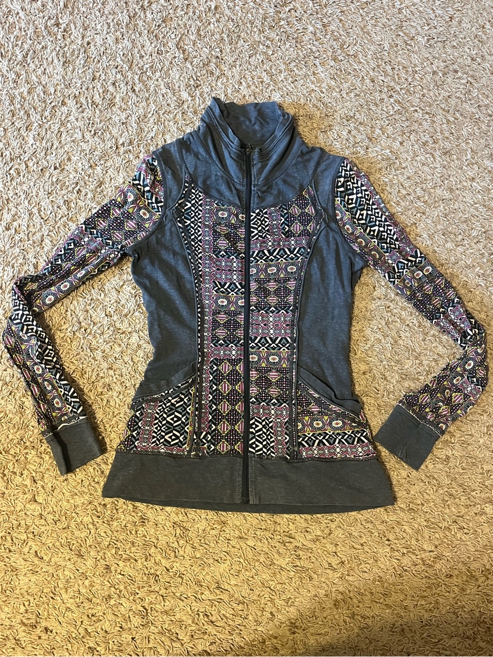 Prana Gray Zip-Front Jacket with Patterned Design